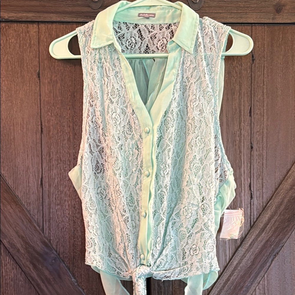 Charlotte Russe Light Green Lace Button-Up Blouse NWT